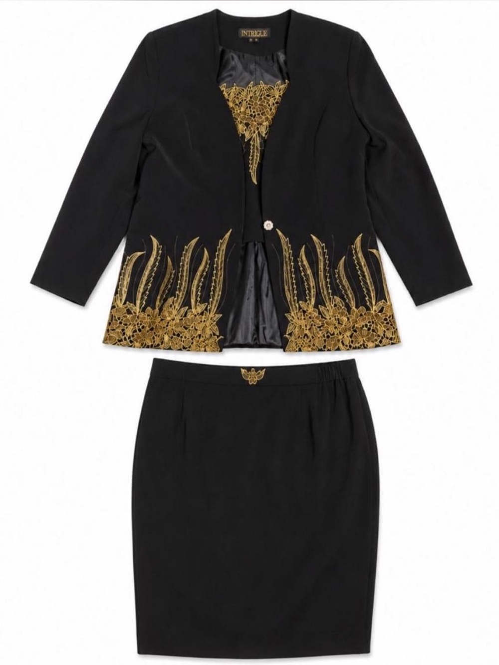 Vintage Donna Vinci Black & Gold Skirt Suit Set Size 14!
